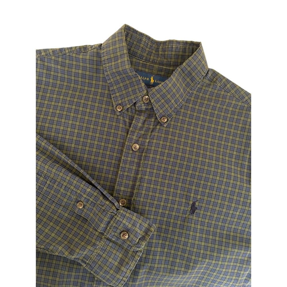 Ralph Lauren Mens Classic Fit Cotton Plaid Button Down Shirt Navy Green Large